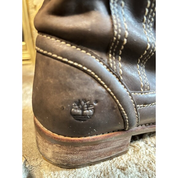 TIMBERLAND Brown Leather Tall Riding Pull-On Lug Sole Wood Grain Heel Boots W9 - Picture 5 of 8